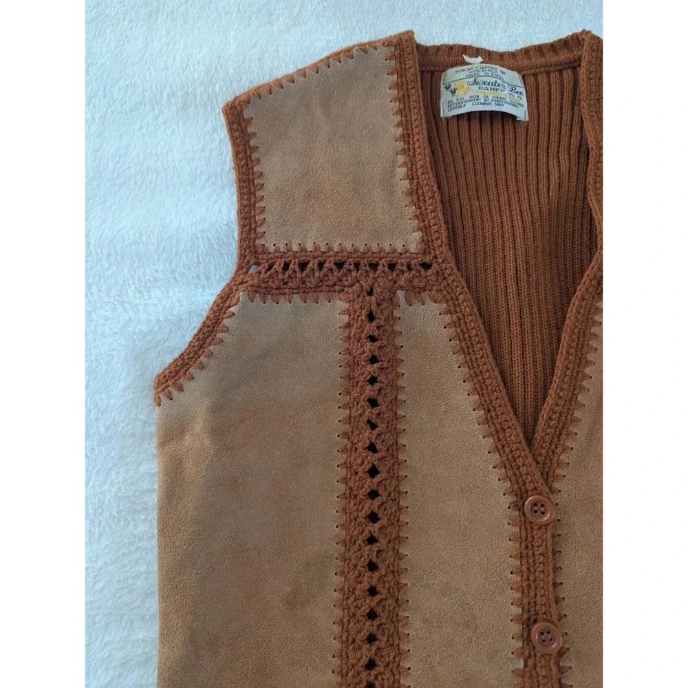 VTG Mixed Media Tan‎ Vest Boho Festival Stretch Ribbed Sweater & Suede Button Up